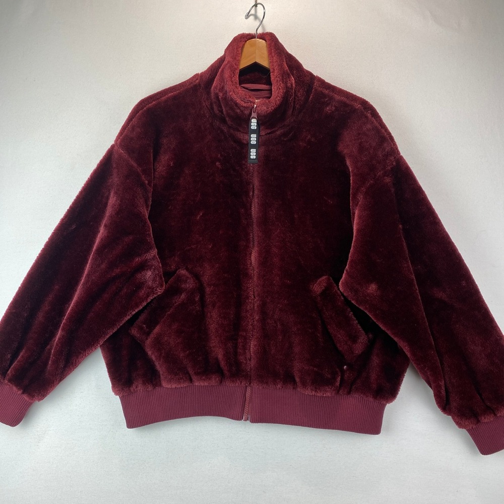 UGG Marlene Sherpa Full Zip Jacket Womens S Burgundy Faux Fur Fleece Pockets